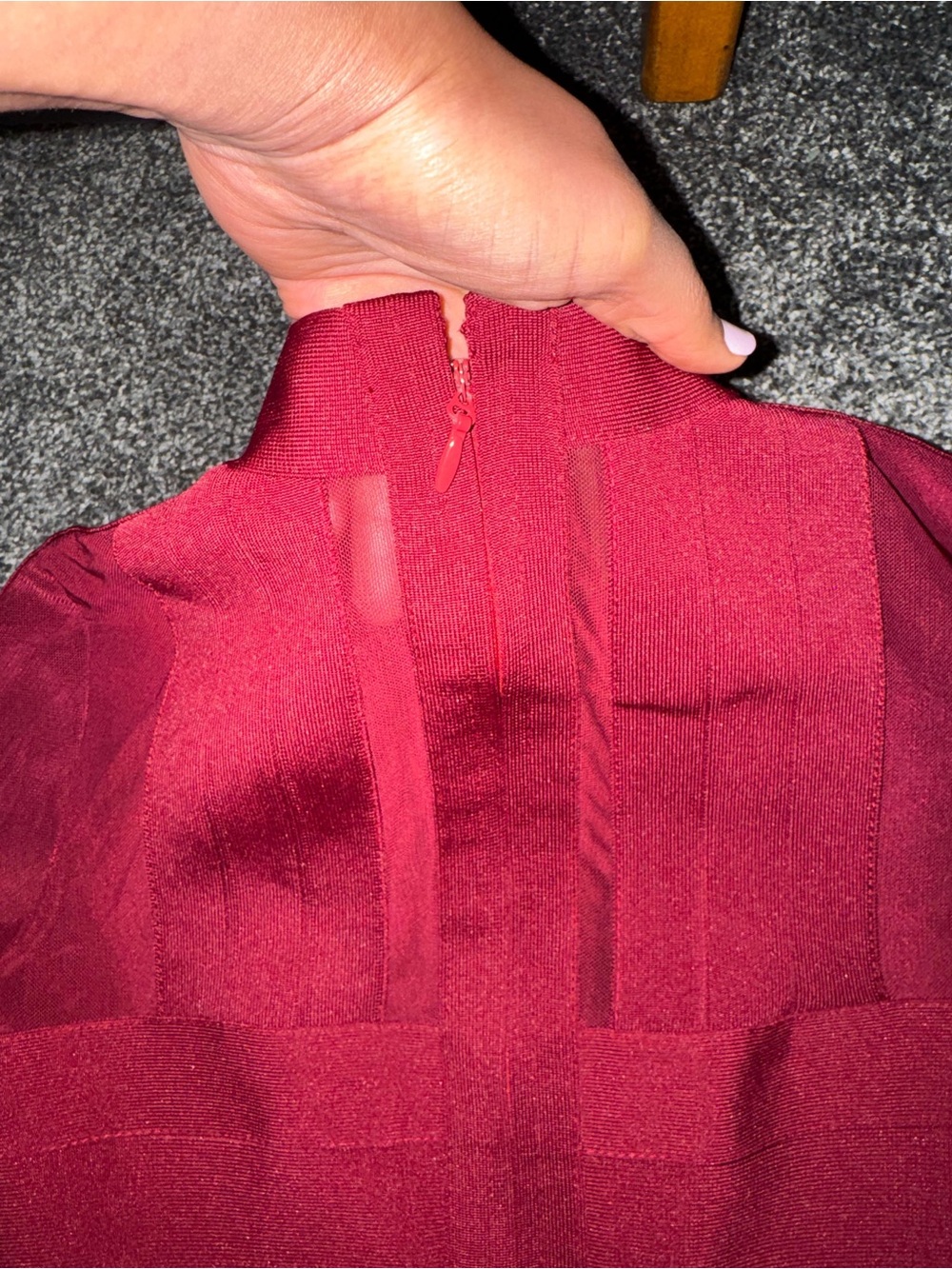 Women’s Long Sleeve Burgundy Sheer Panel Bodycon Dress - Picture 4 of 7
